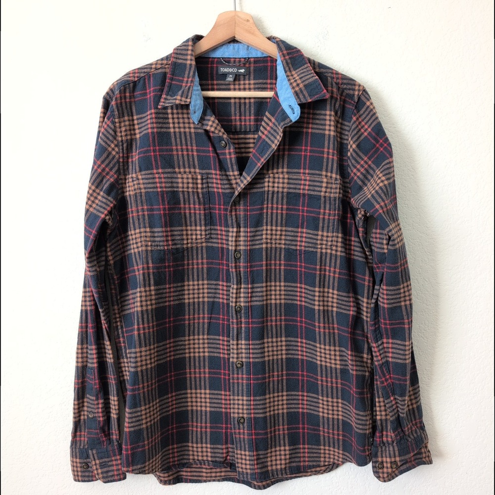 Toad&Co Mens‎ Flannagan LS Shirt Plaid Organic Cotton Flannel Navy Button Down M